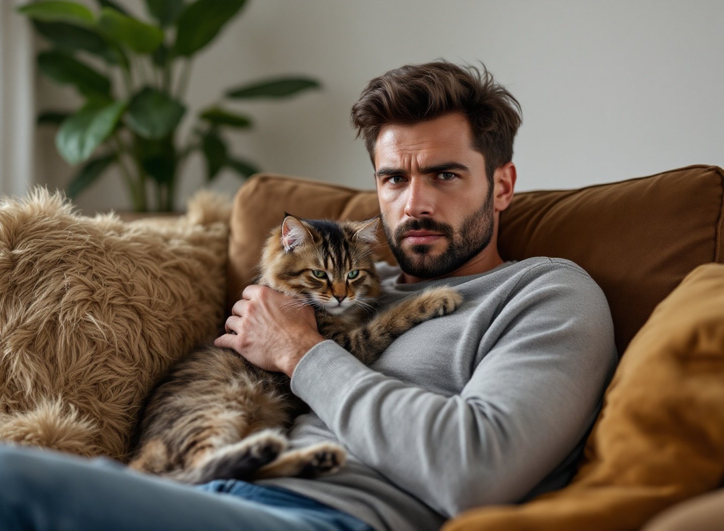 tutor preocupado segurando gato deprimido em casa