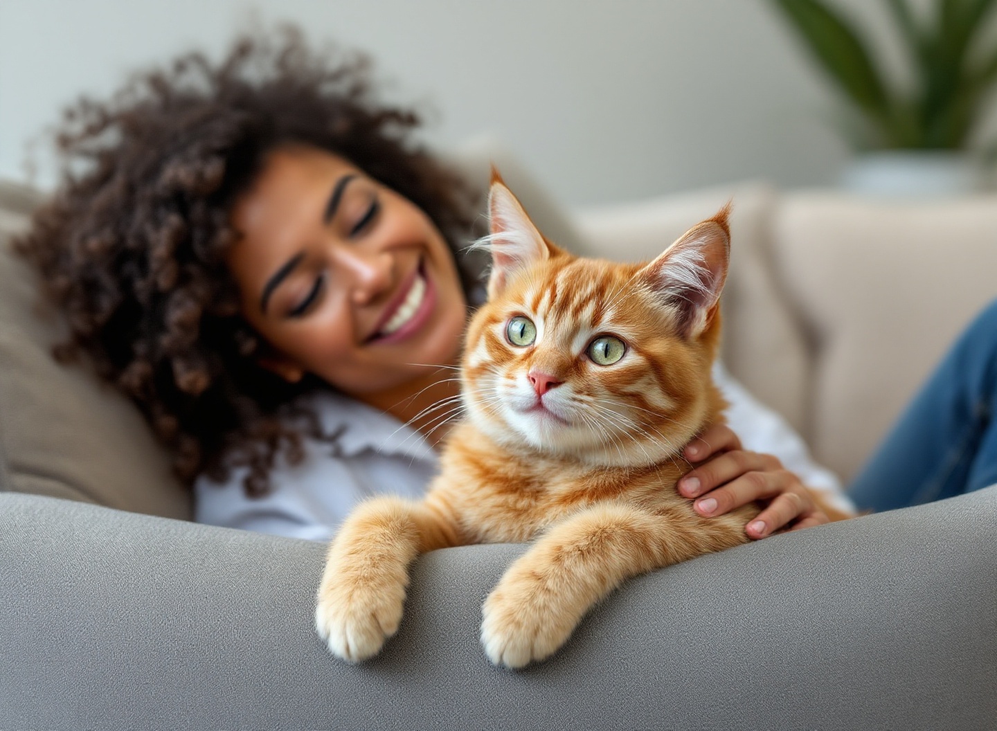 gato adulto relaxado no sofá com tutora acariciando-o, demonstrando adaptação bem-sucedida e confiança