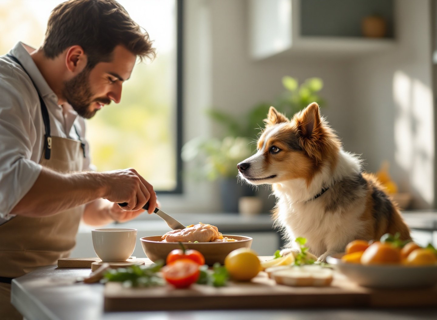 Tutor preparando alimentação natural balanceada para cachorro em cozinha aconchegante