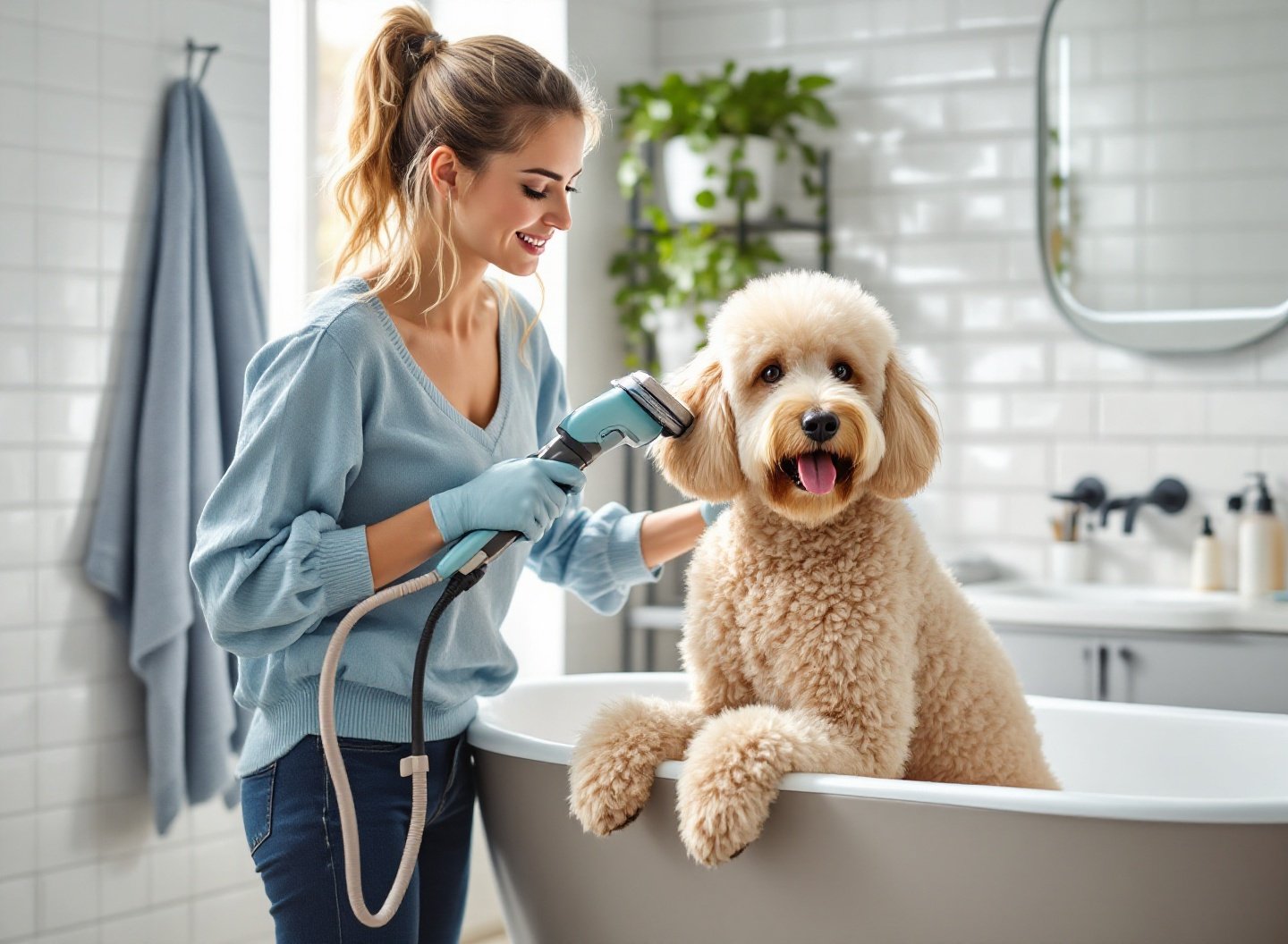 Seu Cachorro Merece Mais: O Guia Definitivo que Transforma a Rotina do Seu Cão em Casa 3 Mulher secando cachorro Poodle em casa com secador profissional