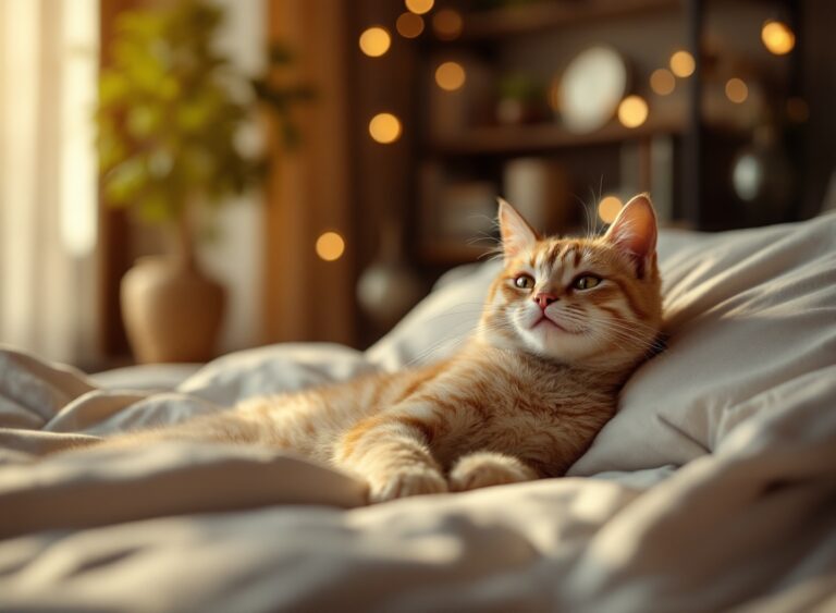 Gato descansando tranquilamente em ambiente preparado, representando bem-estar e segurança felina durante ausência do tutor