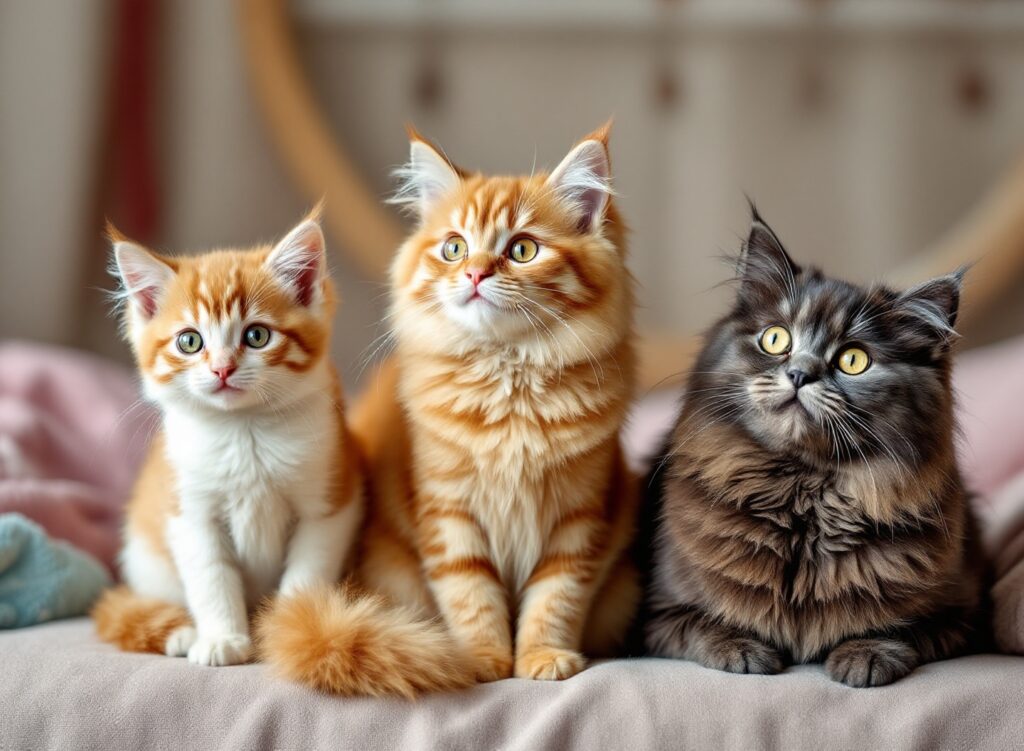 Três gatos em diferentes fases da vida - filhote, adulto e sênior - em ambiente doméstico aconchegante demonstrando mudanças físicas e comportamentais por idade
