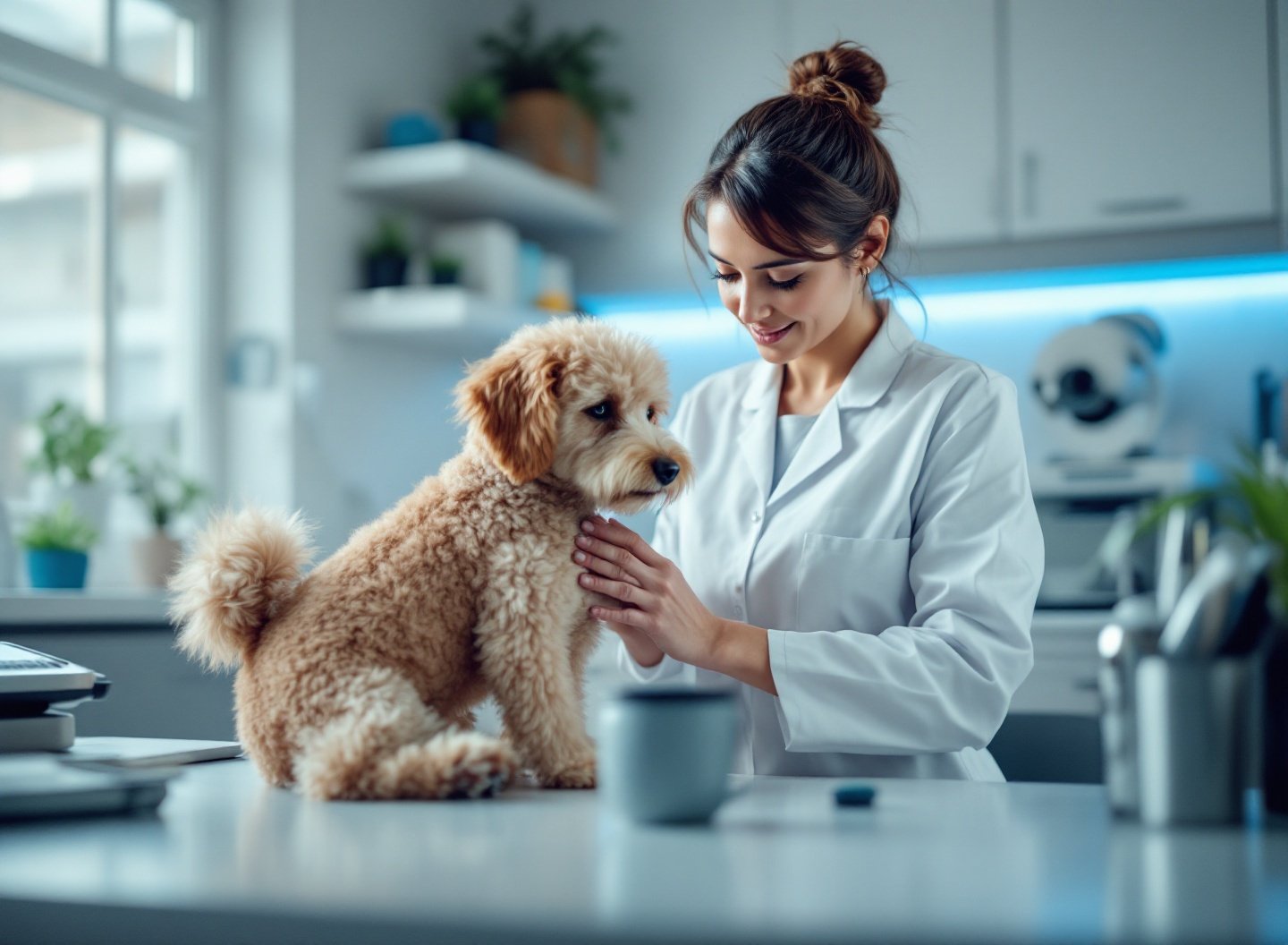 veterinária examinando cachorro pequeno em consultório profissional