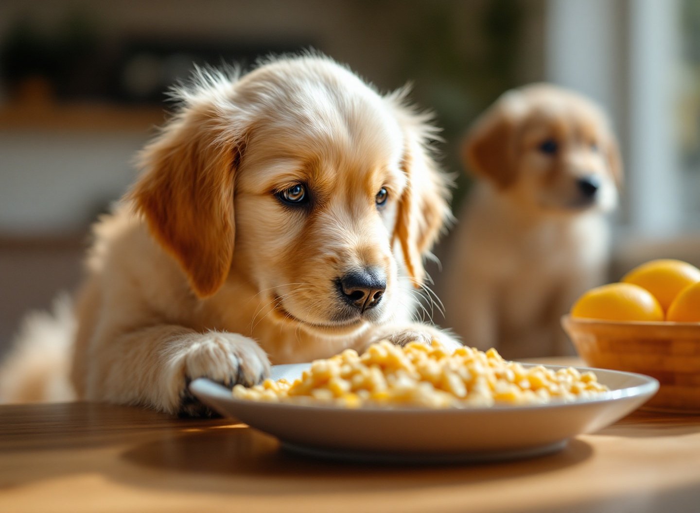 Vacinação, nutrição e comportamento: como proteger a saúde do seu filhote desde o primeiro dia 3 Filhote comendo ração premium de qualidade em tigela de cerâmica