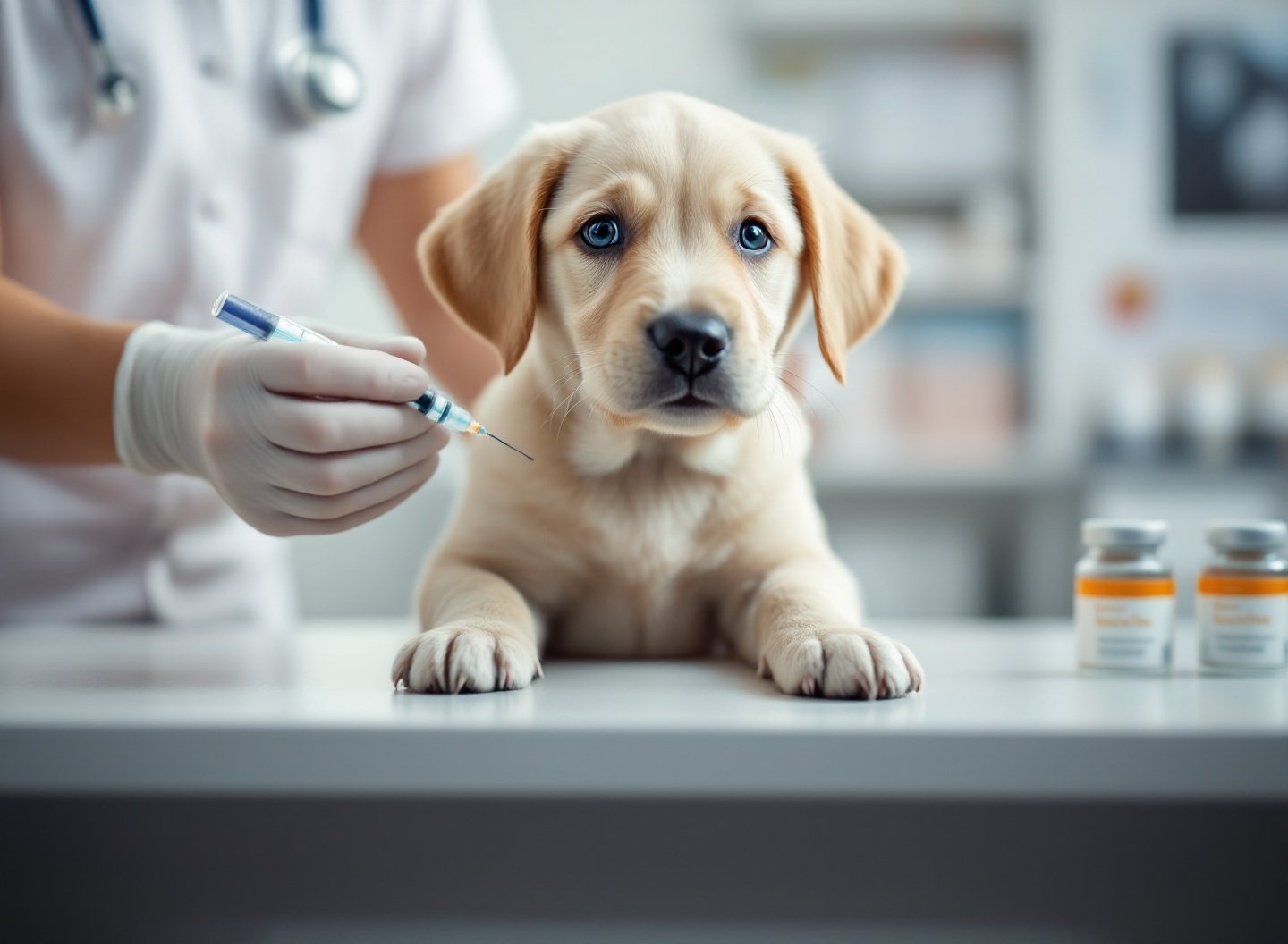 Vacinação, nutrição e comportamento: como proteger a saúde do seu filhote desde o primeiro dia 2 Filhote recebendo vacinação em consultório veterinário profissional