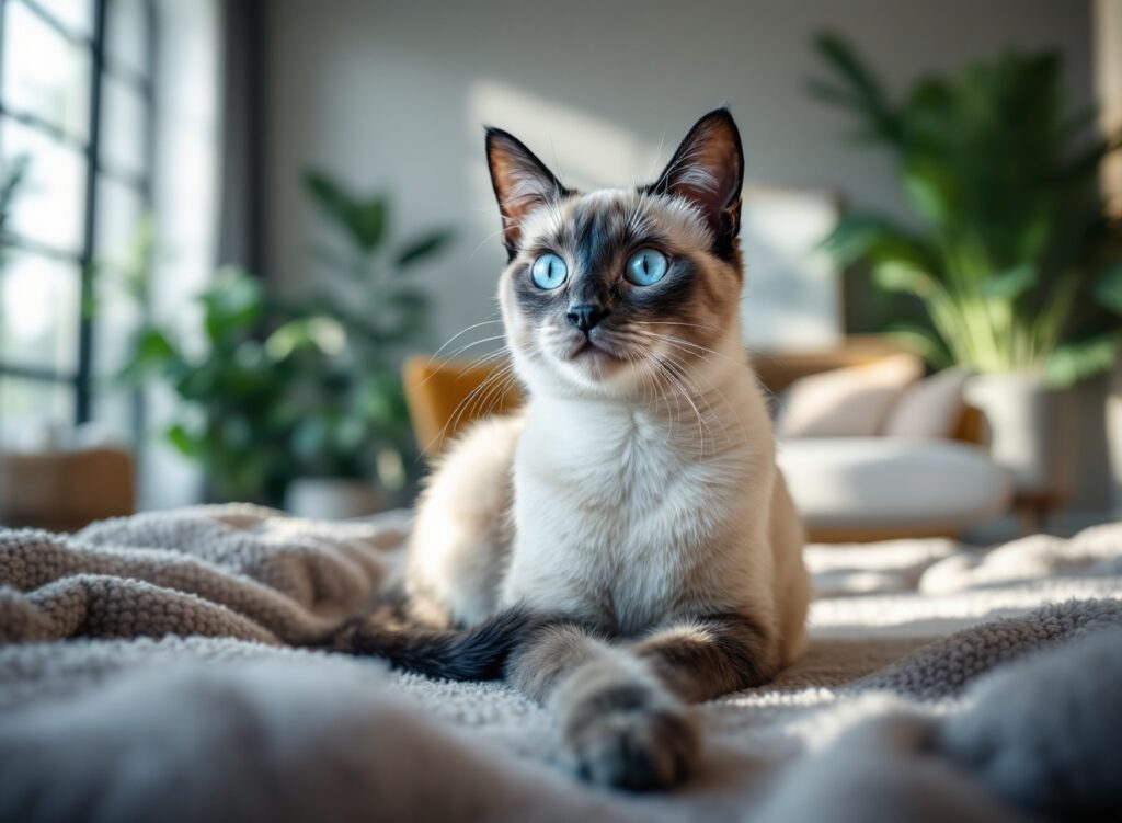Descodifique a linguagem corporal dos gatos: o que cada movimento revela sobre o estado emocional do seu pet 1 Gato siamês com olhos azuis em ambiente doméstico elegante, expressão atenta e relaxada simultaneamente