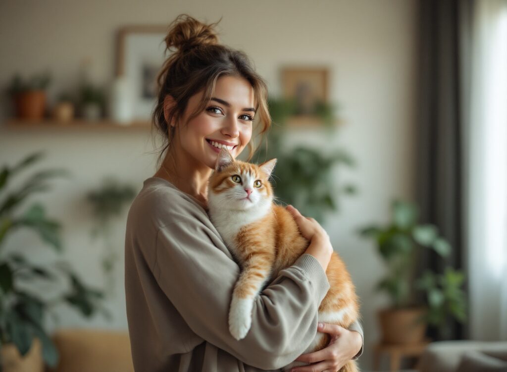 Quanto Custa Ter um Gato: O Orçamento Completo que Ninguém Avisa no Primeiro Mês 1 Mulher segurando gato com alegria em casa moderna, representando decisão informada e planejamento financeiro para ter um gato saudável e feliz