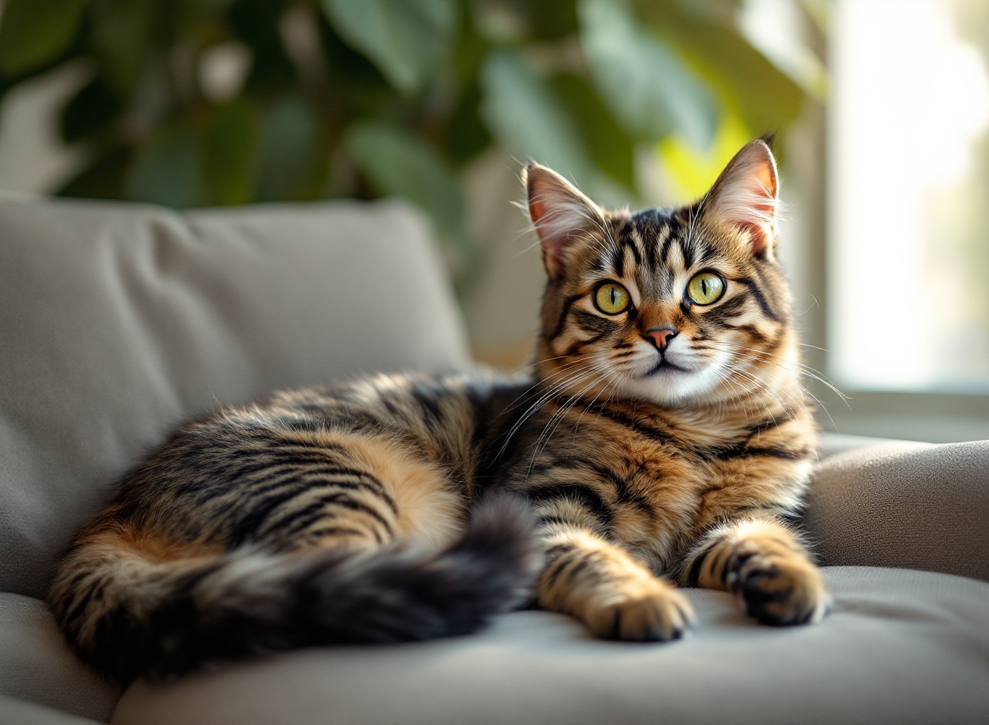 Descodifique a linguagem corporal dos gatos: o que cada movimento revela sobre o estado emocional do seu pet 2 Gato relaxado deitado no sofá com cauda curvada em ambiente doméstico aconchegante com luz natural