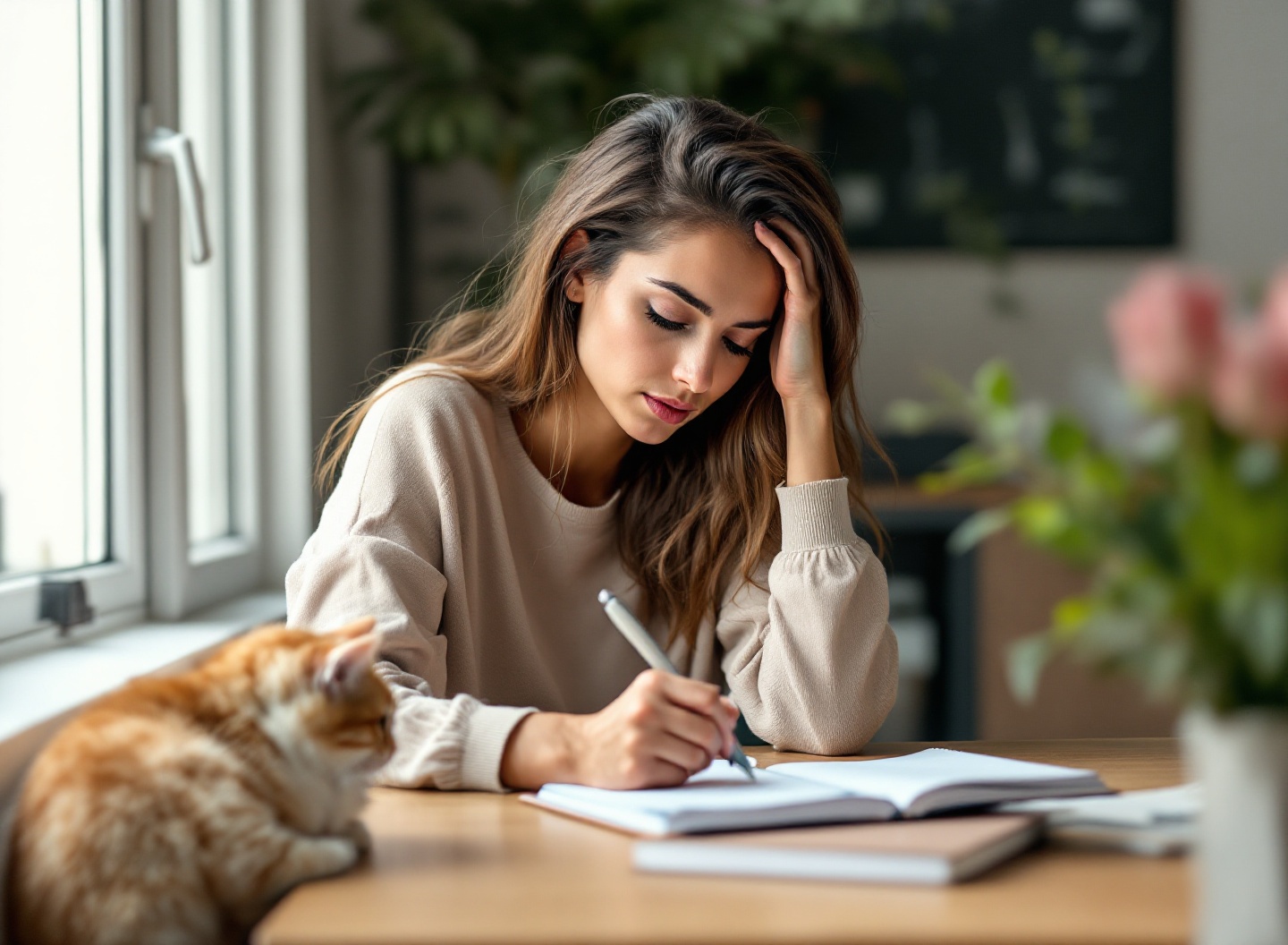 Quanto Custa Ter um Gato: O Orçamento Completo que Ninguém Avisa no Primeiro Mês 2 Mulher planejando orçamento financeiro para ter um gato, com felino relaxado ao seu lado em ambiente aconchegante