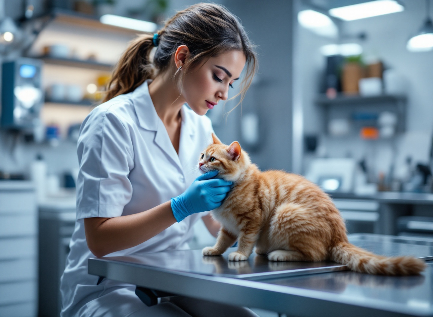 Quanto Custa Ter um Gato: O Orçamento Completo que Ninguém Avisa no Primeiro Mês 3 Veterinária realizando exame de prevenção em gato dentro de clínica profissional, destacando importância de cuidados preventivos