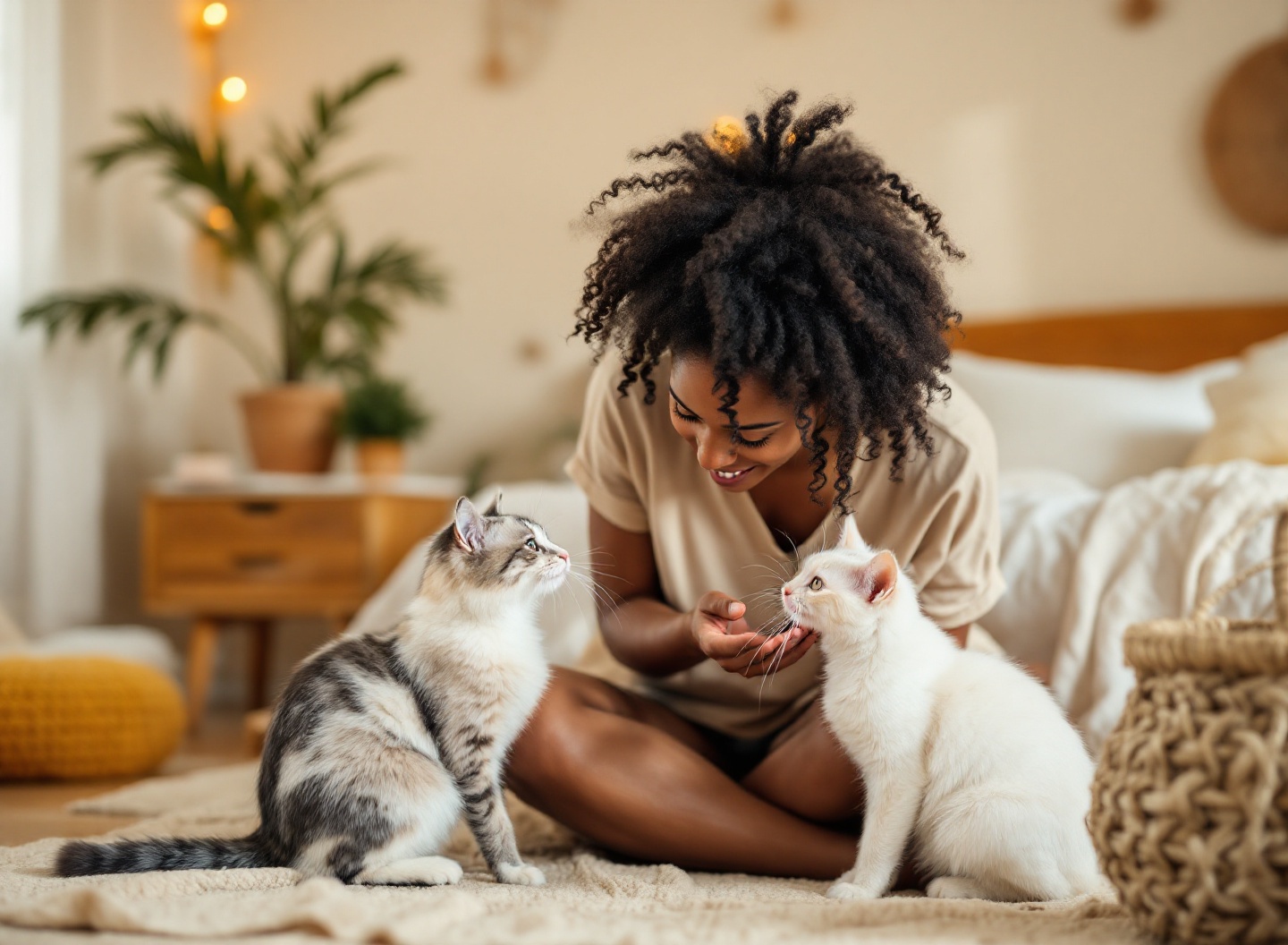mulher oferecendo petisco a gato assustado em quarto de adaptação aconchegante