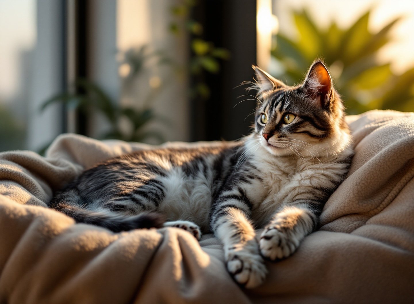 Guia Definitivo para Donos de Gatos: Tudo o que Você Precisa Saber para um Pet Feliz e Saudável 2 Gato cinzento descansando em ambiente doméstico calmo e enriquecido.