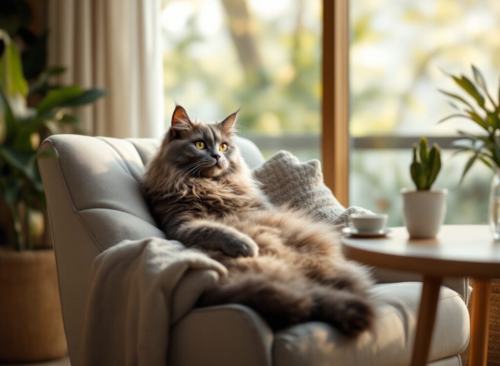 Gato cinzento descansando tranquilamente em poltrona com luz natural, representando independência e bem-estar felino em ambiente preparado
