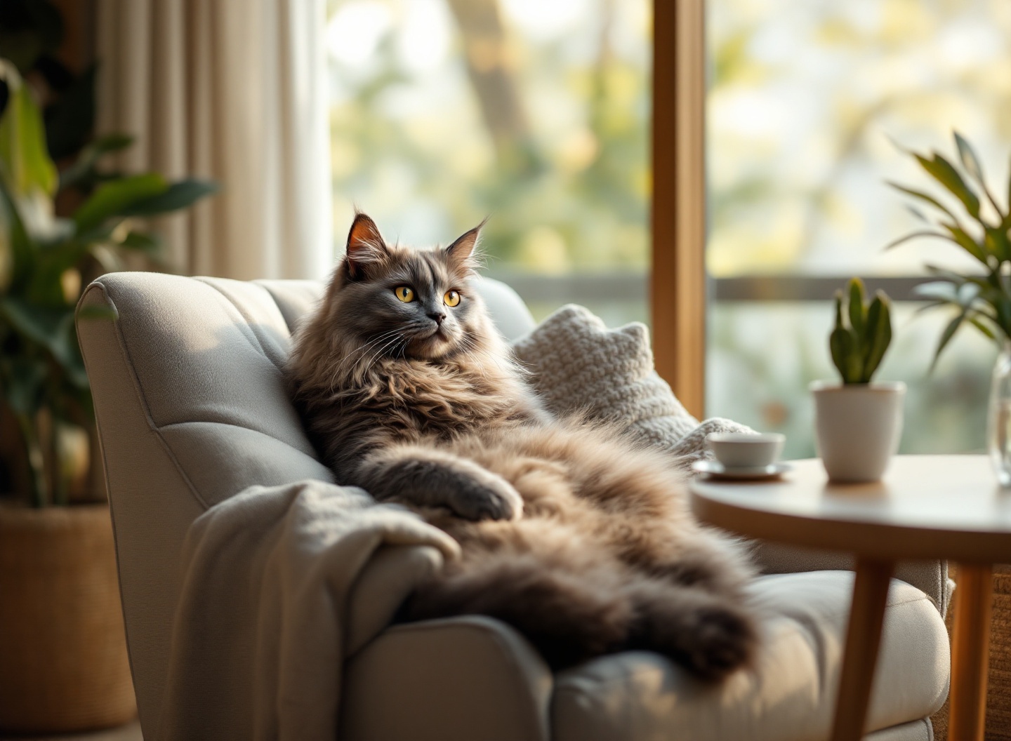 Gato Pode Ficar Sozinho: O Tempo Seguro e Como Preparar seu Felino para a Ausência 2 Gato cinzento descansando tranquilamente em poltrona com luz natural, representando independência e bem-estar felino em ambiente preparado