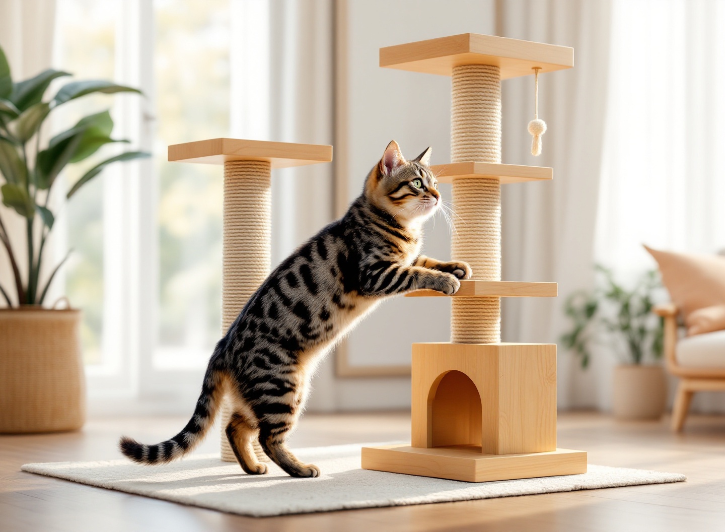 Gato adulto ativo em estrutura de enriquecimento ambiental com arranhador e prateleiras de madeira, demonstrando comportamento natural de escalada e exploração