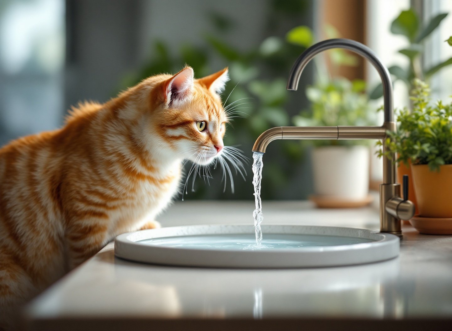 Guia Definitivo para Donos de Gatos: Tudo o que Você Precisa Saber para um Pet Feliz e Saudável 3 Gato hidratando-se em fonte de água elétrica para felinos em cozinha moderna.