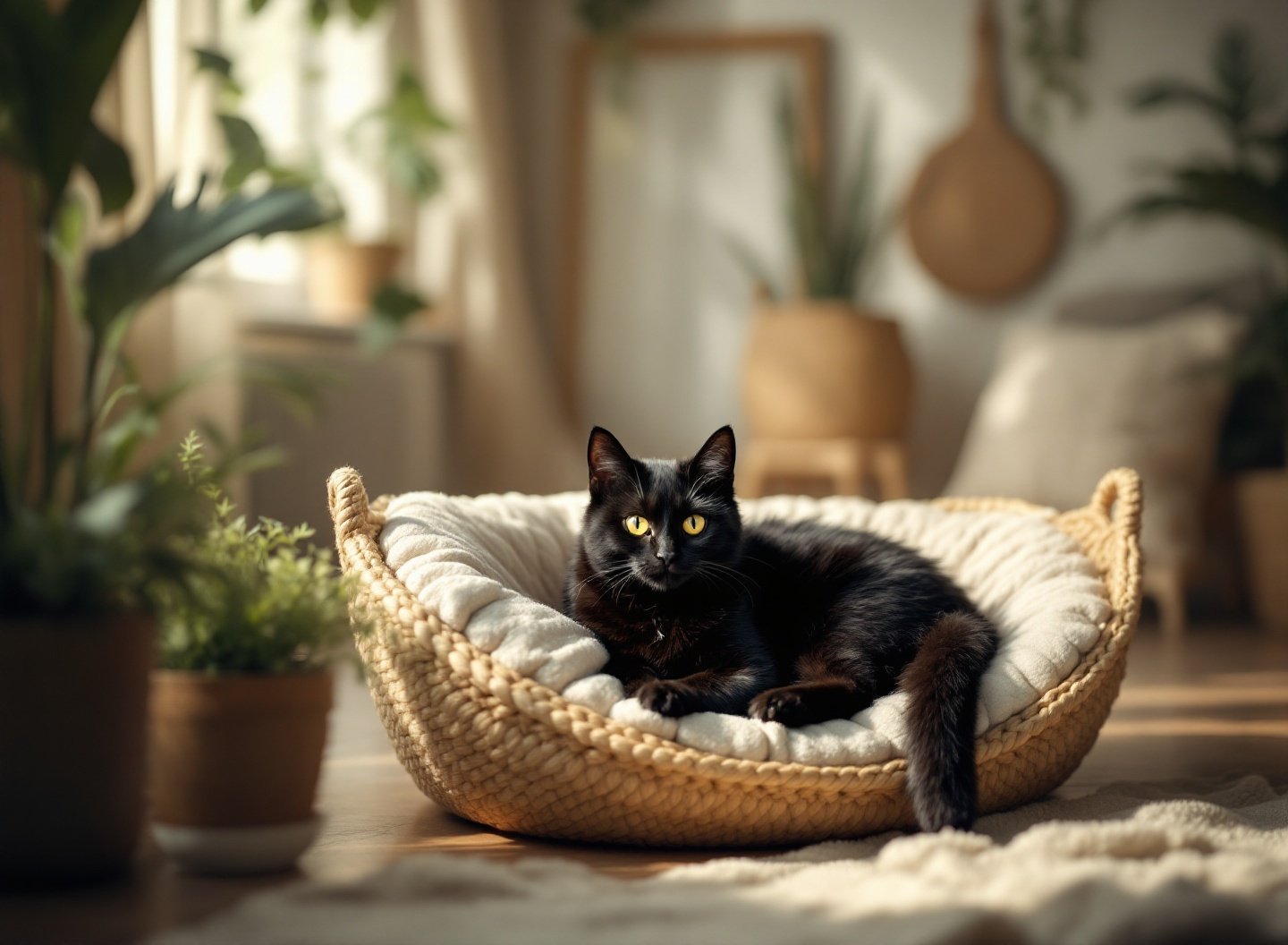 Guia Definitivo para Donos de Gatos: Tudo o que Você Precisa Saber para um Pet Feliz e Saudável 4 Gato preto descansando em ambiente enriquecido com arranhadores e estímulos visuais adequados.