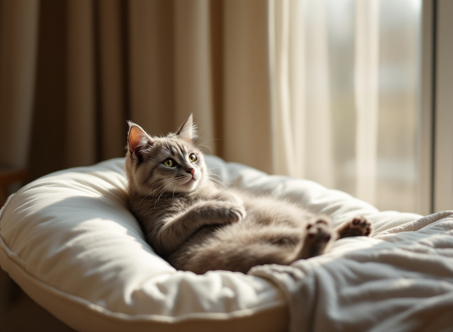 Gato sênior descansando em cama ortopédica elevada próximo à janela, demonstrando ambiente seguro e confortável para felino idoso