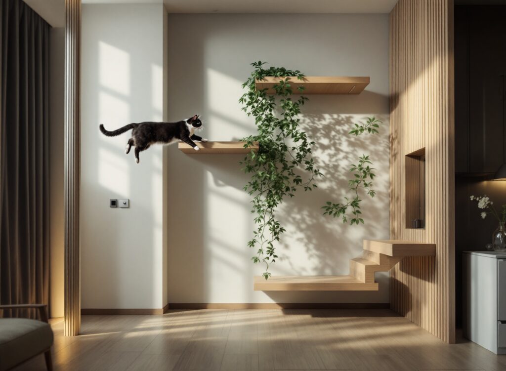 Gato preto e branco saltando em enriquecimento ambiental vertical em apartamento moderno, estimulação comportamental, estruturas de madeira e prateleiras
