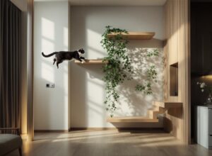Gato preto e branco saltando em enriquecimento ambiental vertical em apartamento moderno, estimulação comportamental, estruturas de madeira e prateleiras