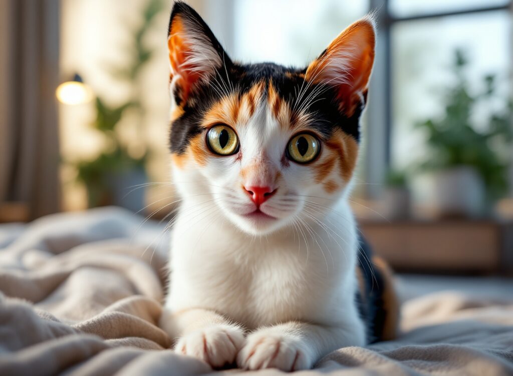 gato tricolor em ambiente doméstico aconchegante simbolizando adaptação felina bem-sucedida e transformação de pet assustado em companheiro confiante
