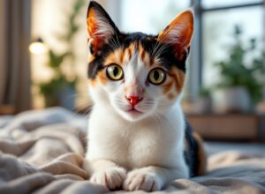 gato tricolor em ambiente doméstico aconchegante simbolizando adaptação felina bem-sucedida e transformação de pet assustado em companheiro confiante
