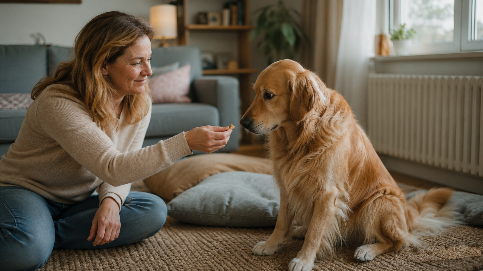Chega de Medo: Descubra o método definitivo para construir a confiança do seu cachorro e transformar a relação de vocês. 2 Mulher oferecendo petisco a Golden Retriever, construindo confiança