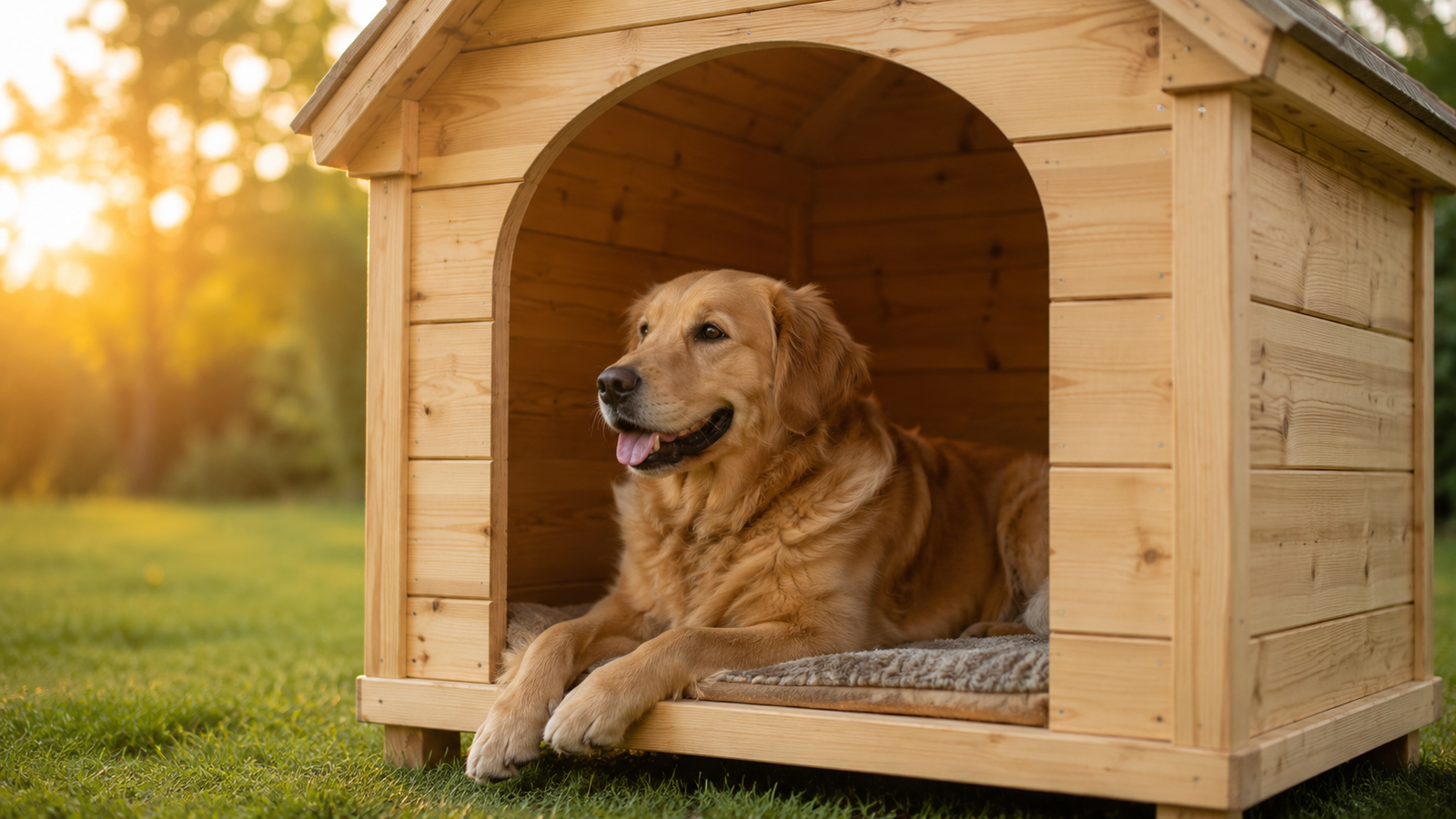 Cachorro em casinha de madeira com tamanho ideal e isolamento térmico