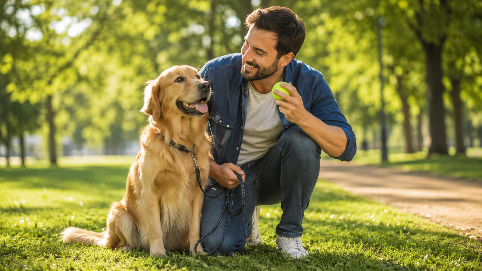 Por que eu Mudei a Rotina do Meu Cachorro: Minha Experiência Real e os Benefícios que Transformaram Nossas Vidas 2 Tutor e cachorro Golden Retriever felizes em parque, exemplo de <strong>rotina para cachorro</strong> saudável