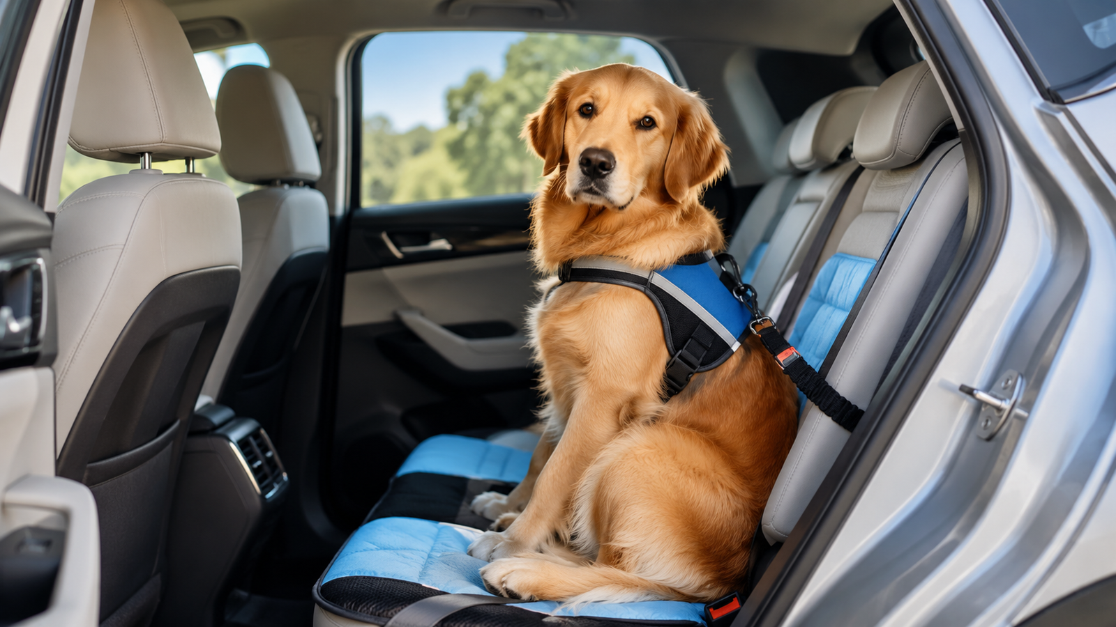 Seu cachorro fica ansioso em viagens? Descubra como transportá-lo com segurança e transformar qualquer trajeto em uma experiência tranquila 2 Cachorro seguro dentro do carro com colete de proteção e cinto de segurança