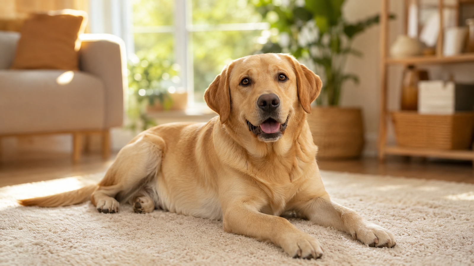 cachorro feliz relaxado em casa com expressão de contentamento