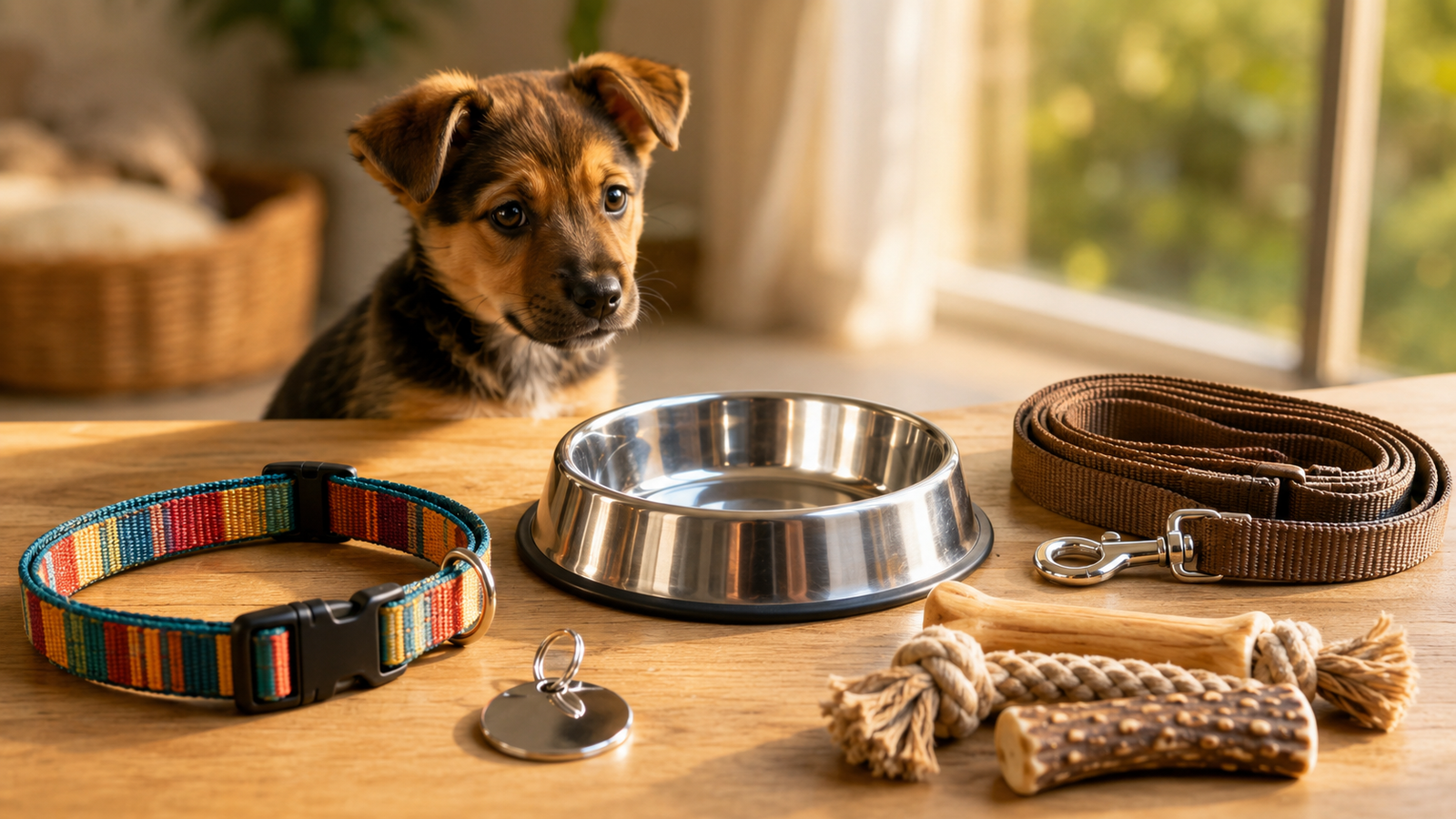 Nenhum Dono de Cachorro Deveria Começar sem Este Checklist: Saúde, Segurança e Bem-estar do Seu Pet 2 Acessórios e equipamentos essenciais para novo cachorro organizados em mesa de madeira com filhote ao fundo