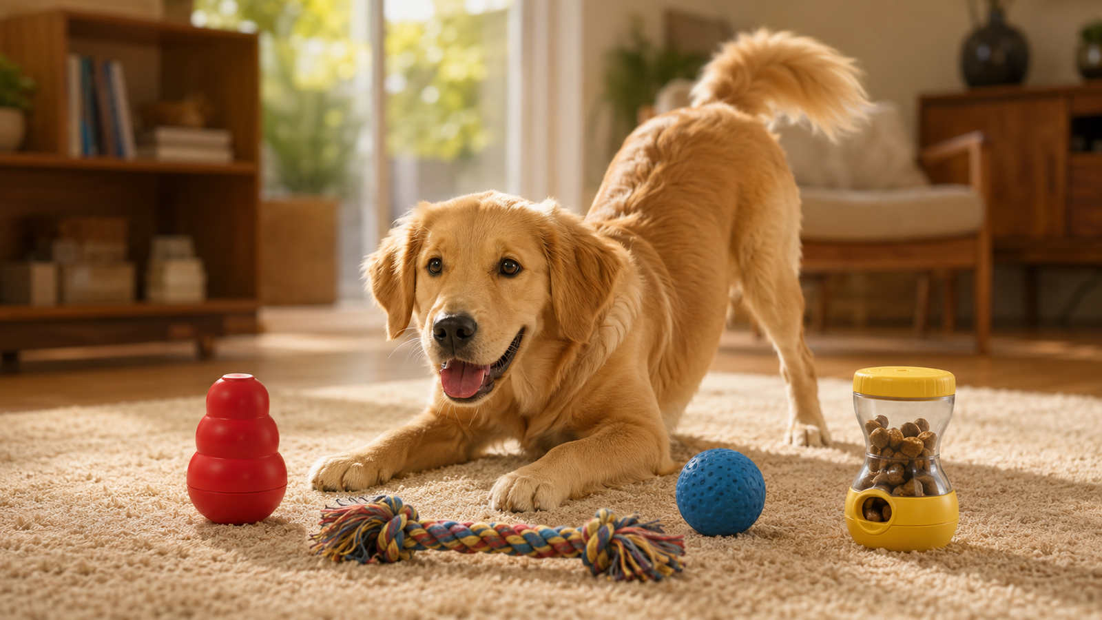 Pare de Gastar Errado: Quais Acessórios seu Cão Realmente Precisa em 2026 2 Cão brincando com brinquedos variados para enriquecimento mental e diversão