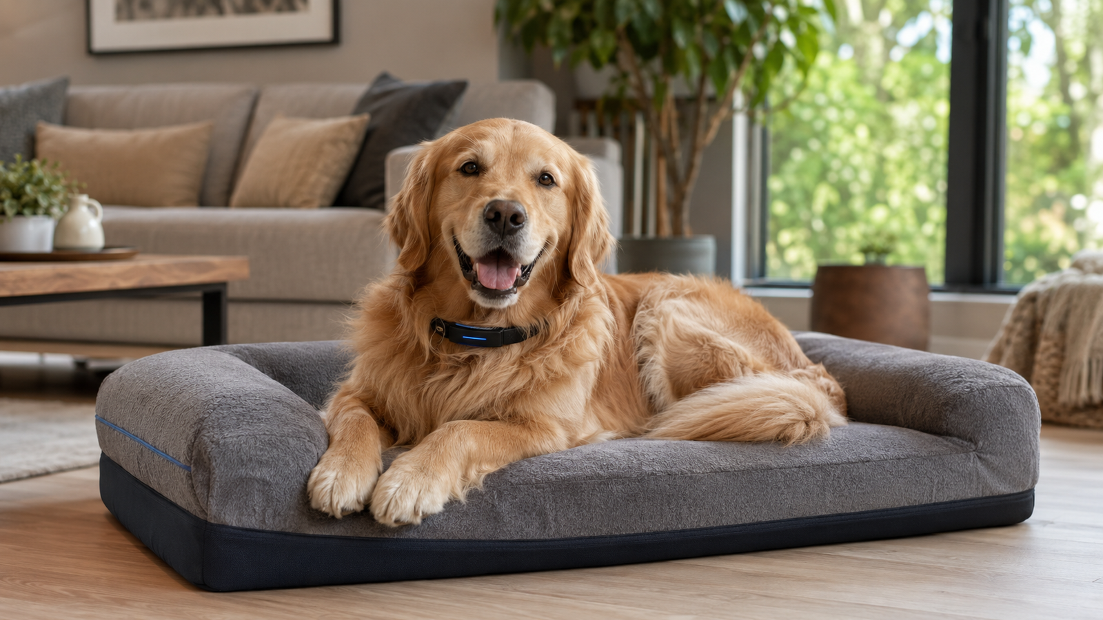 Descubra o que muda em 2026: os acessórios para cães que garantem bem-estar e segurança ao seu melhor amigo. 2 Golden Retriever feliz em cama ortopédica, acessórios para cães modernos