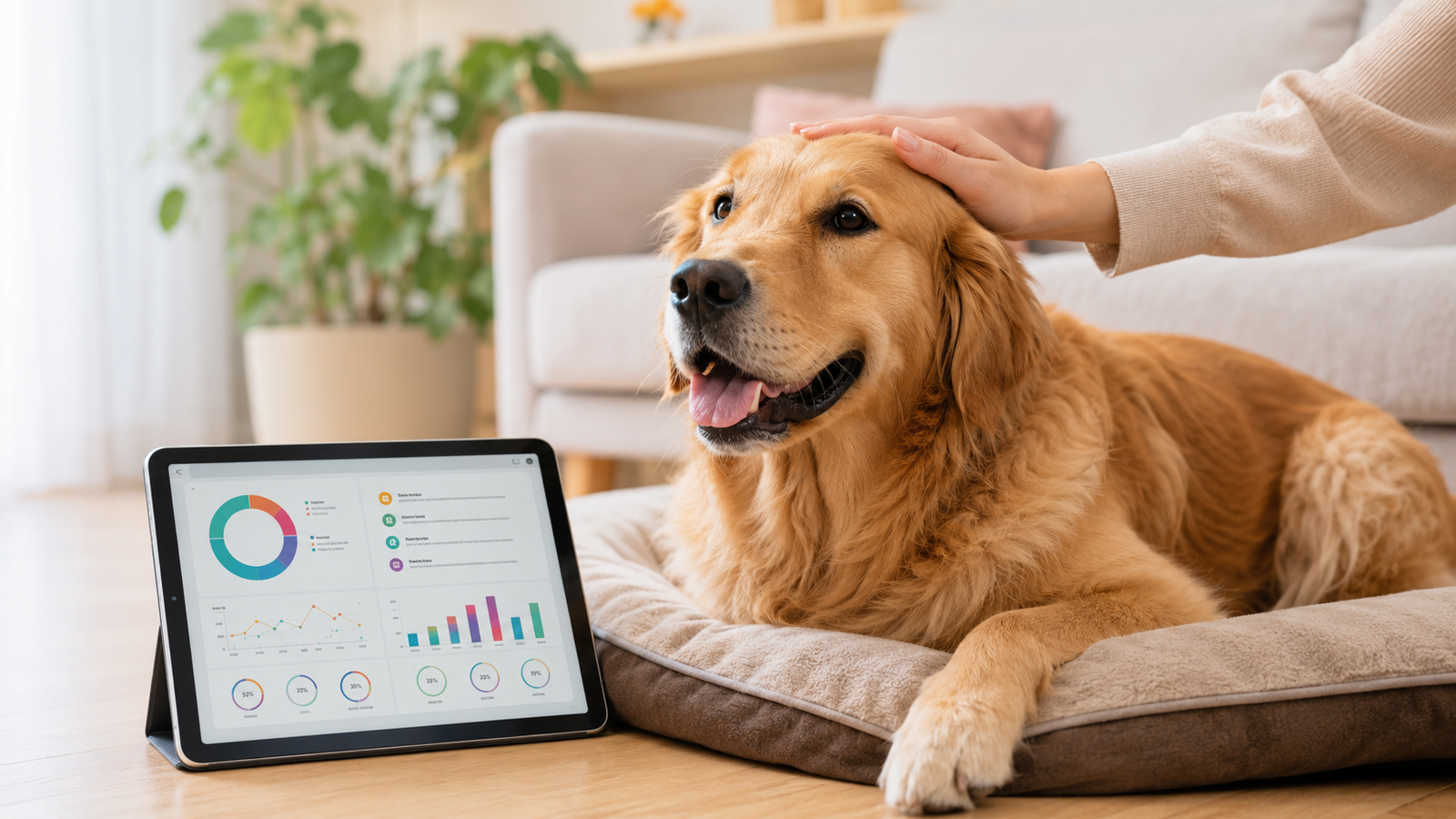 Meu Cachorro Merece: A nova tendência de planos de saúde que prometem cuidar do seu pet sem pesar no bolso. 2 Cachorro Golden Retriever em cama confortável com tablet mostrando plano de saúde, representando cuidado e bem-estar animal.