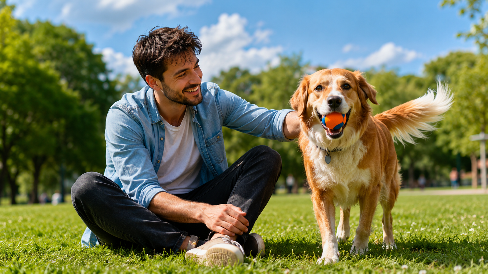 Chega de Medo: Descubra o método definitivo para construir a confiança do seu cachorro e transformar a relação de vocês. 3 Homem brincando com cachorro em parque, fortalecendo vínculo