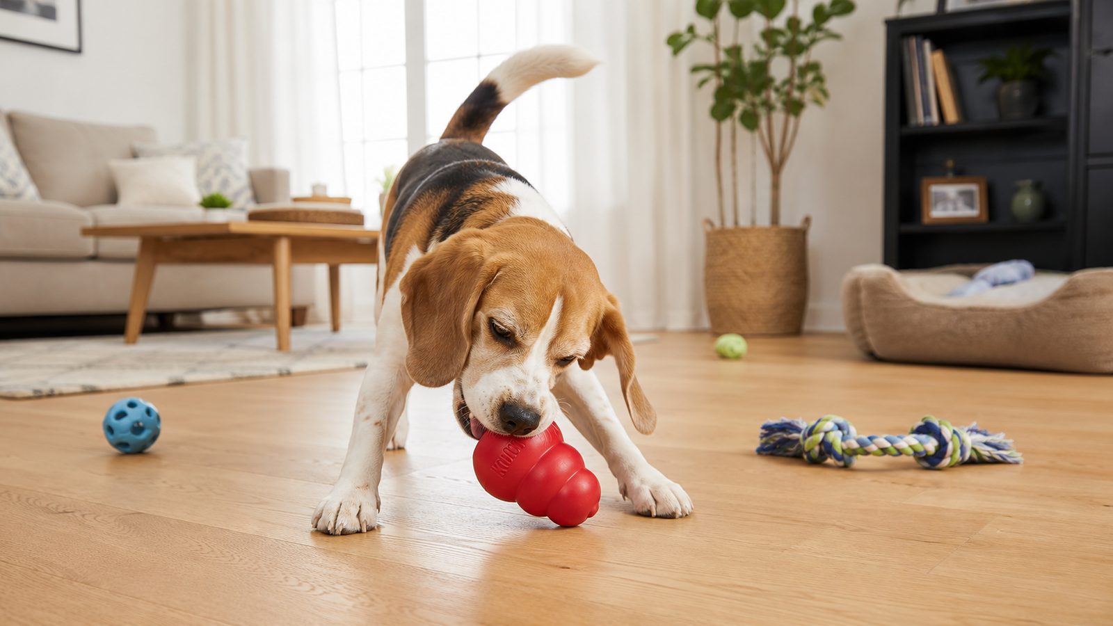 cachorro brincando sozinho com brinquedo interativo em casa