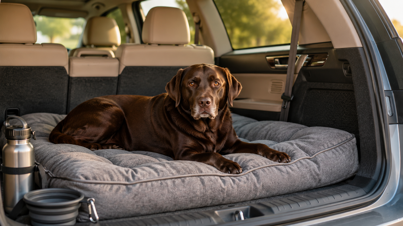 Seu cachorro fica ansioso em viagens? Descubra como transportá-lo com segurança e transformar qualquer trajeto em uma experiência tranquila 3 Cachorro confortável em colchão próprio dentro do carro durante viagem