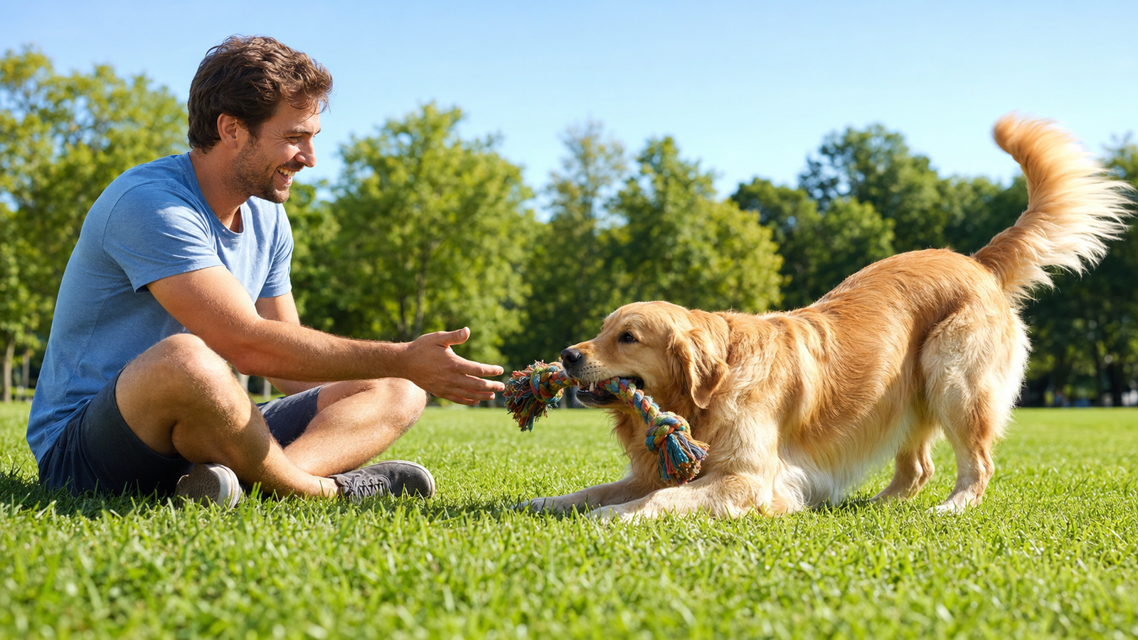 tutor brincando com cachorro feliz no parque durante dia ensolarado