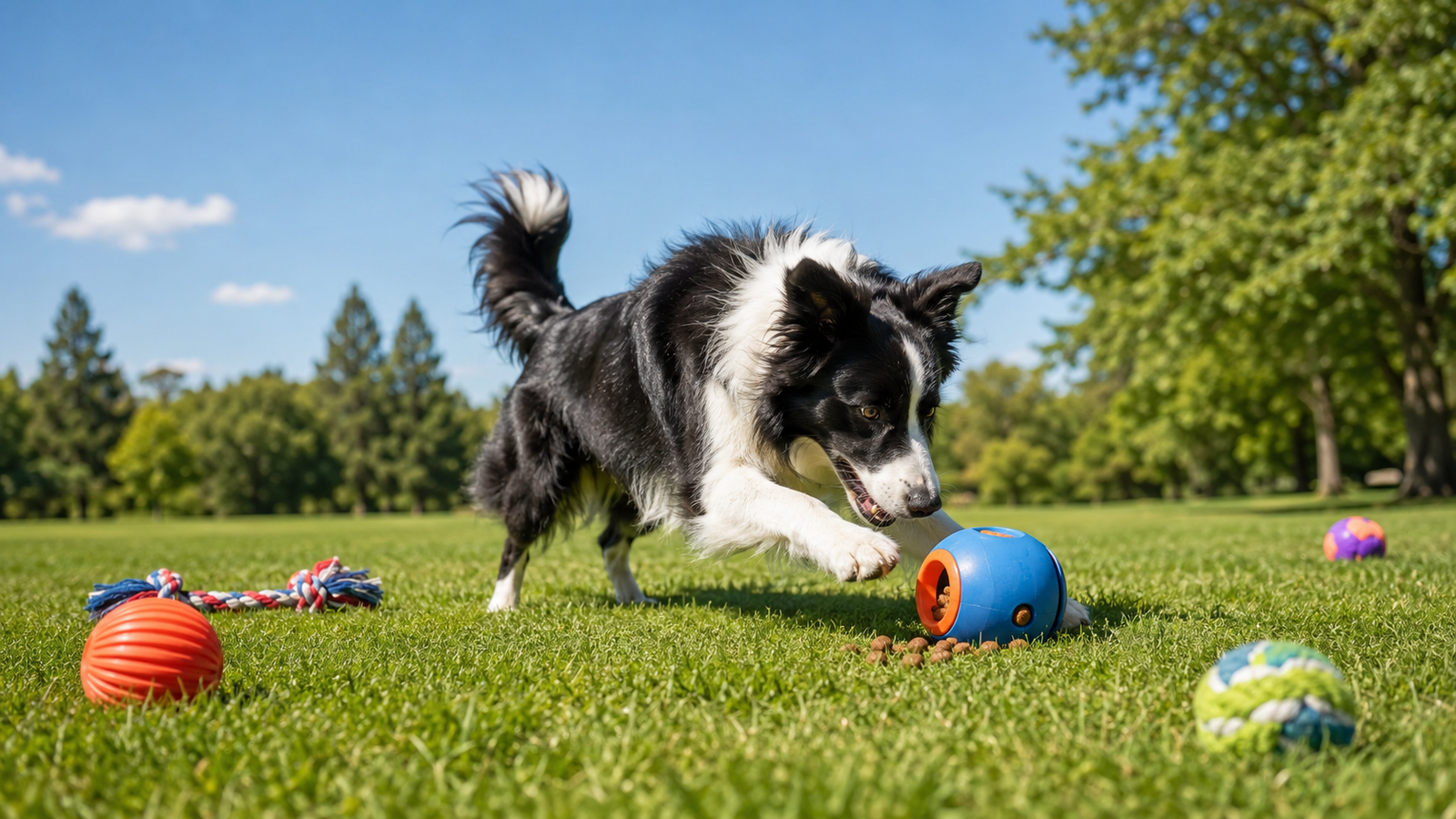 Descubra o que muda em 2026: os acessórios para cães que garantem bem-estar e segurança ao seu melhor amigo. 3 Border Collie brincando com brinquedo interativo, acessórios para cães estimulantes