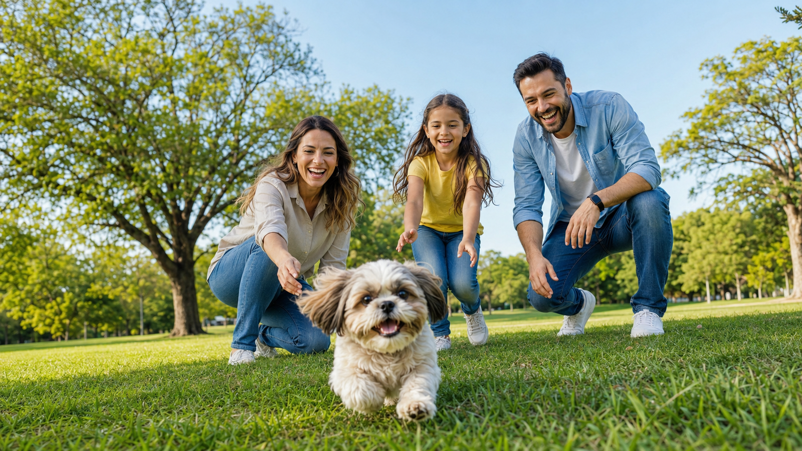 Meu Cachorro Merece: A nova tendência de planos de saúde que prometem cuidar do seu pet sem pesar no bolso. 3 Família feliz brincando com cachorro Shih Tzu em parque, simbolizando a saúde e alegria dos pets.