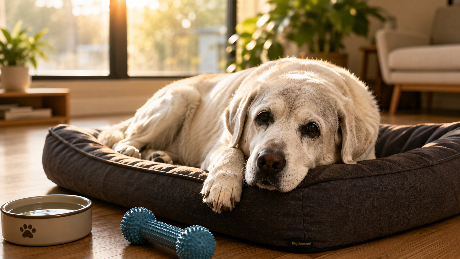 Quanto Tempo um Cachorro Vive: Guia Completo sobre a Expectativa de Vida por Raça e Tamanho 4 Cão idoso descansando em cama ortopédica ilustrando cuidados na fase sênior para prolongar vida