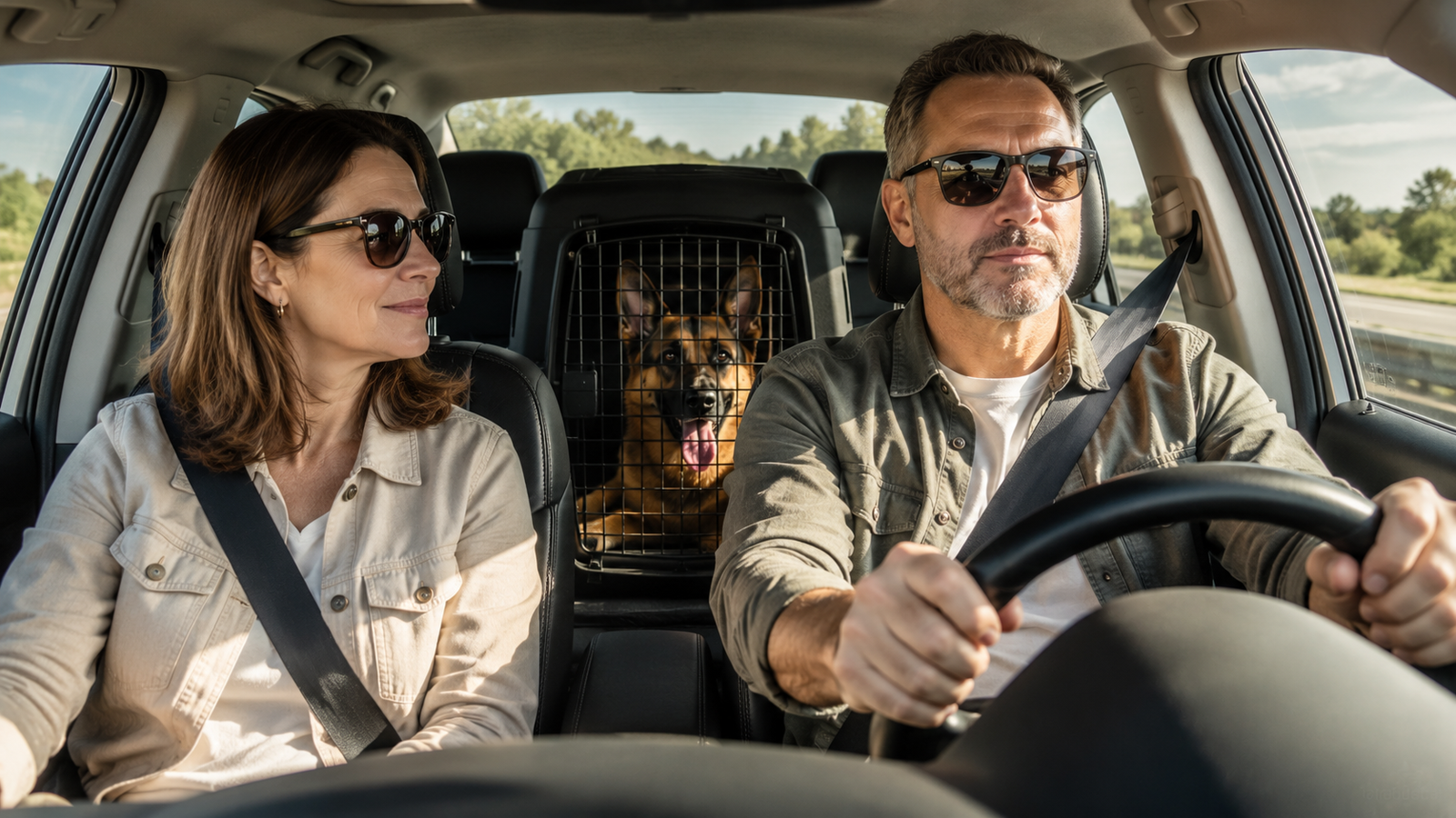 Seu cachorro fica ansioso em viagens? Descubra como transportá-lo com segurança e transformar qualquer trajeto em uma experiência tranquila 4 Casal viajando com cachorro seguro em caixa de transporte dentro do carro