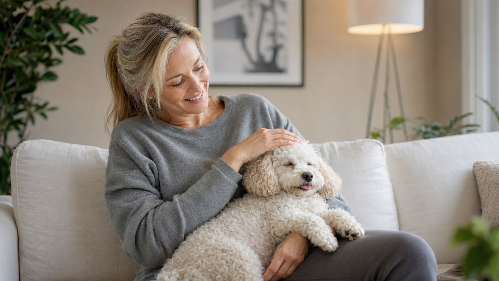 cachorro feliz descansando no colo da tutora em ambiente aconchegante