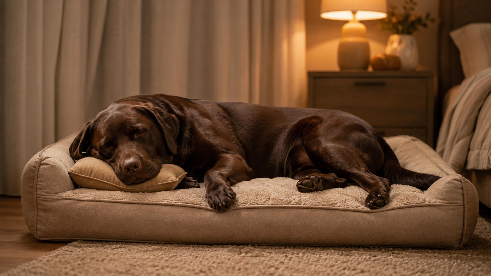Seu cachorro está realmente feliz? Os 5 sinais que todo dono deveria reconhecer agora 4 Cachorro dormindo profundamente em cama confortável, sinais de segurança e bem-estar emocional