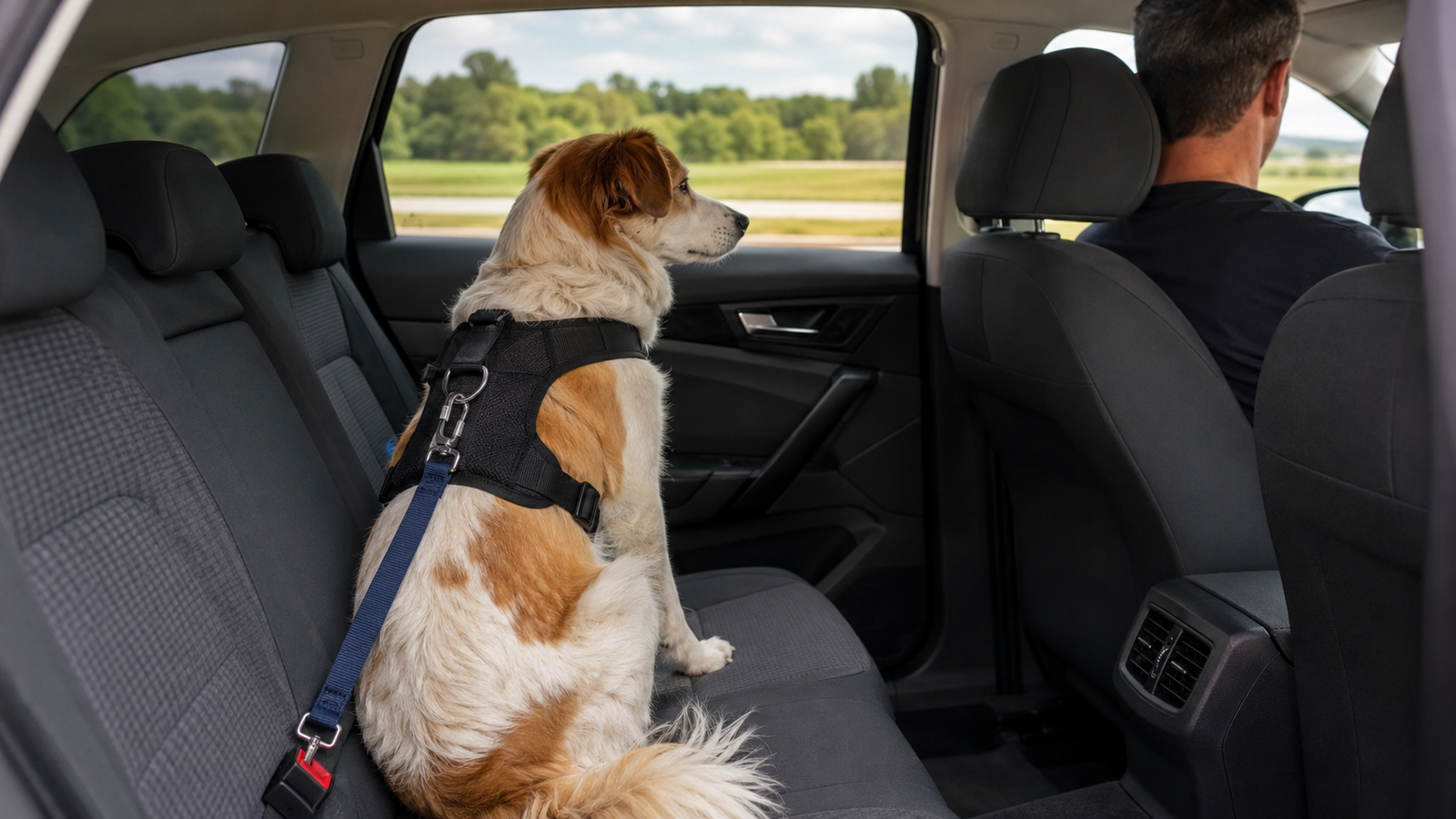 Pare de Gastar Errado: Quais Acessórios seu Cão Realmente Precisa em 2026 4 Cão viajando seguro com cinto de segurança em carro