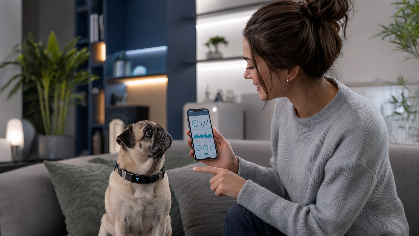 Descubra o que muda em 2026: os acessórios para cães que garantem bem-estar e segurança ao seu melhor amigo. 4 Pug com coleira inteligente, tecnologia para animais de estimação