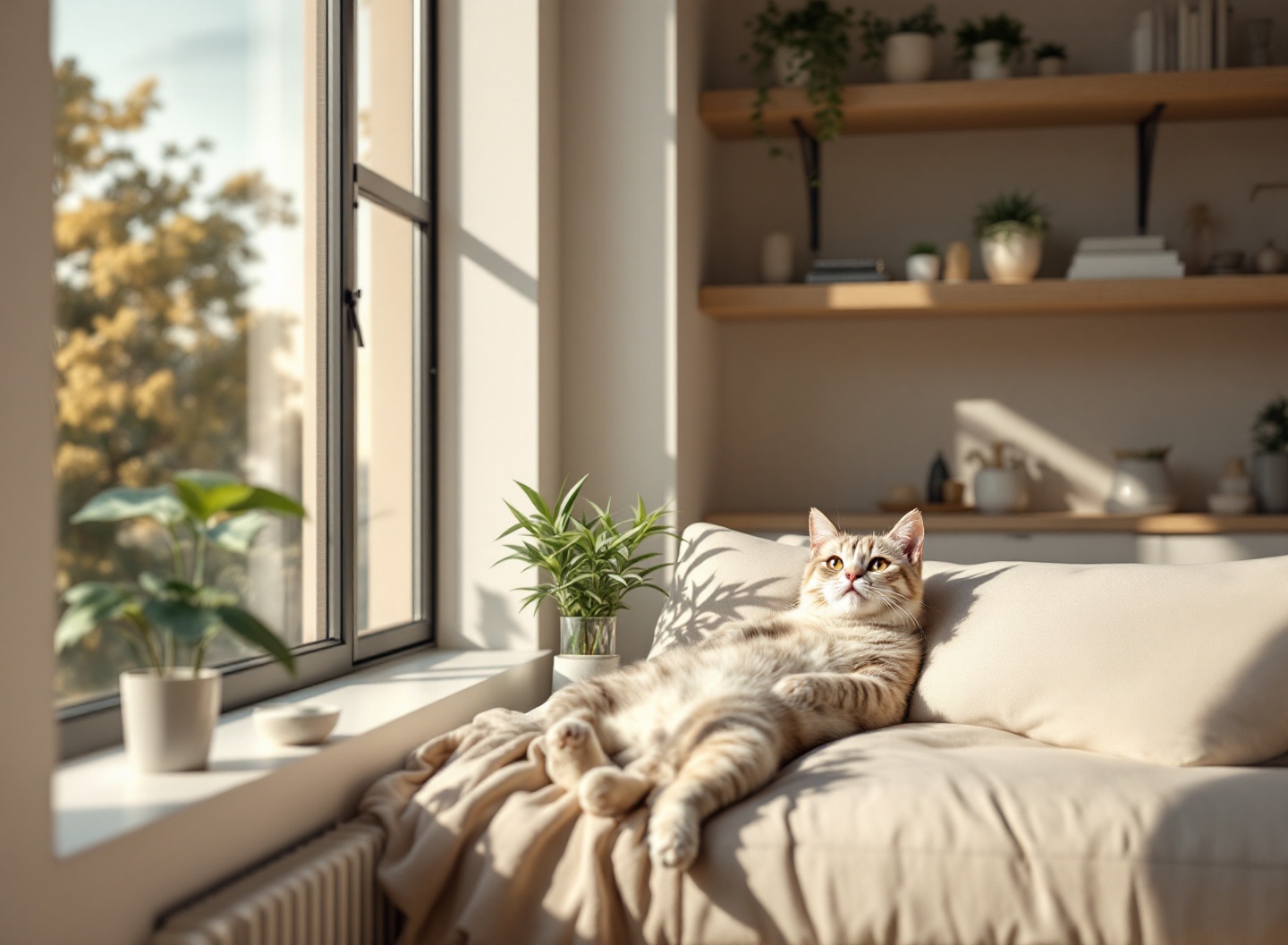 Escolher um gato é mais que aparência: o guia definitivo para encontrar o felino perfeito para seu lar 4 Gato calmo em apartamento aconchegante, ambiente adequado para felino de baixa energia, espaço reduzido bem estruturado