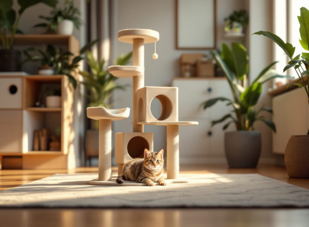 A nova era do enriquecimento ambiental para gatos 1 Gato ativo em ambiente enriquecido com árvore para gatos e estimulação física adequada