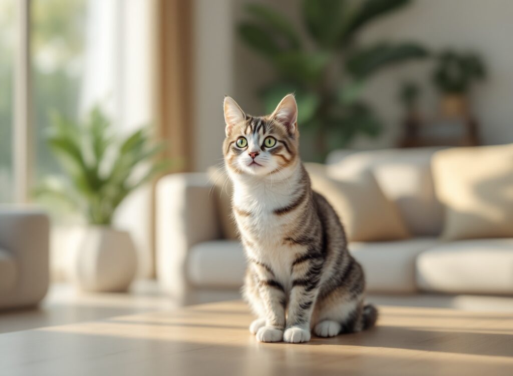 Mitos sobre Gatos Desmentidos: O Que Realmente é Verdade Sobre seu Felino 1 Gato doméstico em ambiente aconchegante com iluminação natural, representando bem-estar felino e cuidados adequados